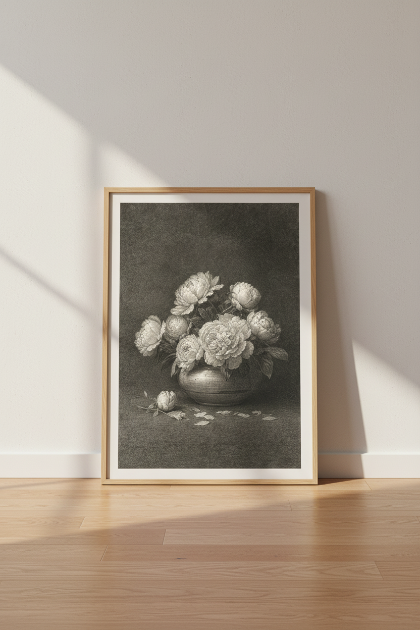 Botanical Art Print | Monochrome Vintage Bouquet Wall Decor