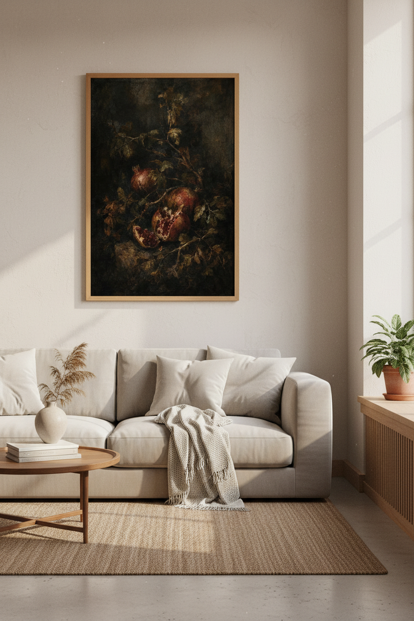Moody Pomegranate Still Life Wall Art | Dark Academia Decor | Vintage Oil Style Poster