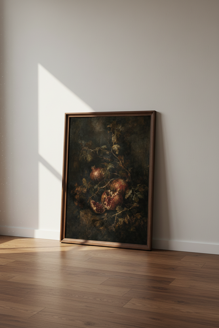 Moody Pomegranate Still Life Wall Art | Dark Academia Decor | Vintage Oil Style Poster
