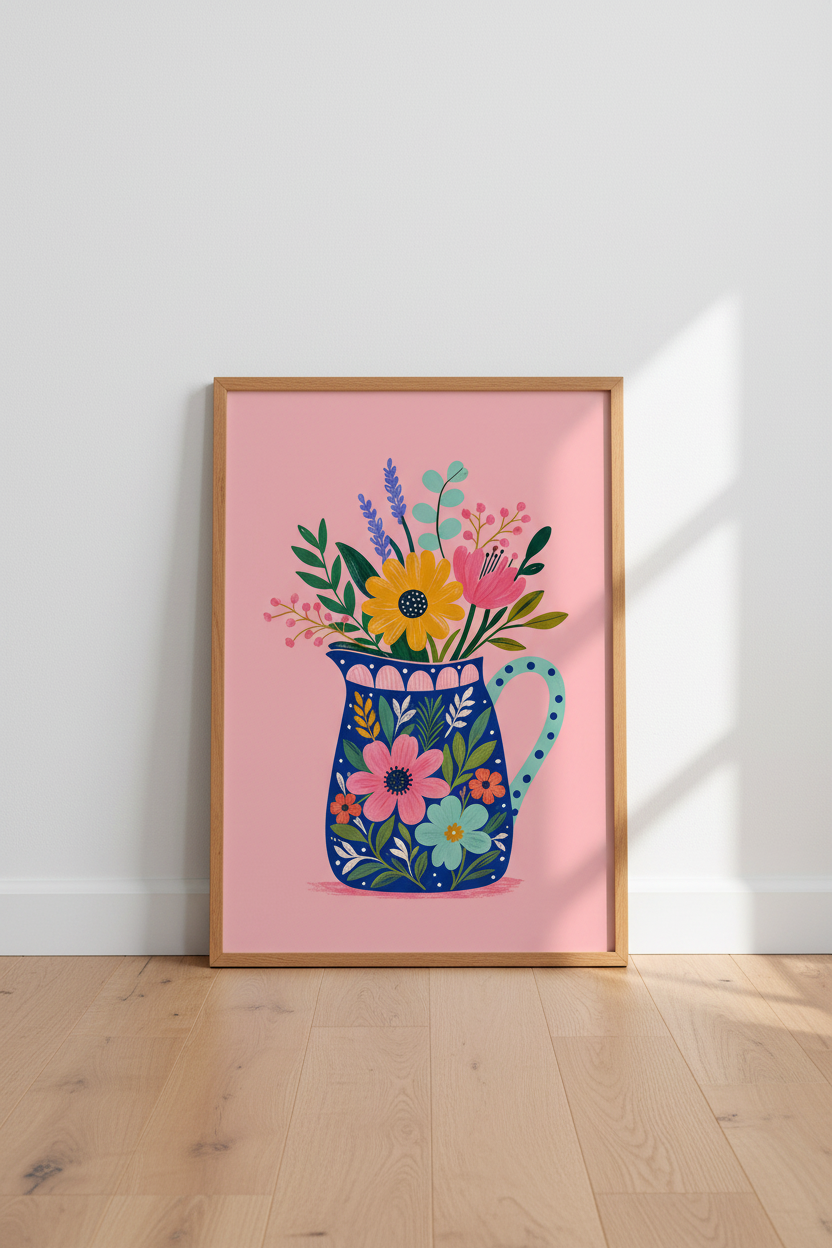 Folk Floral Bouquet Wall Art | Colorful Botanical Pink Poster | Boho Nursery Decor