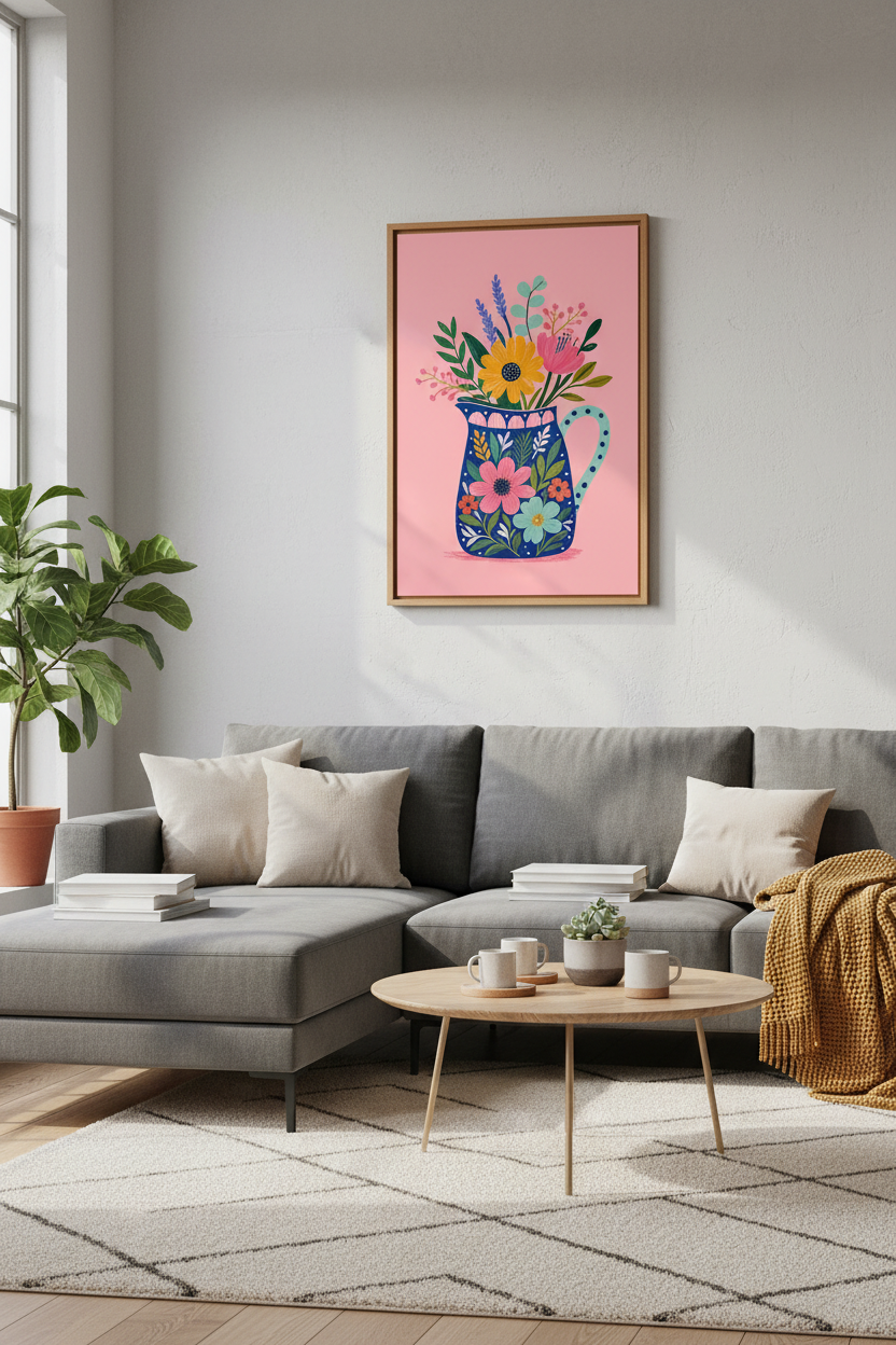 Folk Floral Bouquet Wall Art | Colorful Botanical Pink Poster | Boho Nursery Decor