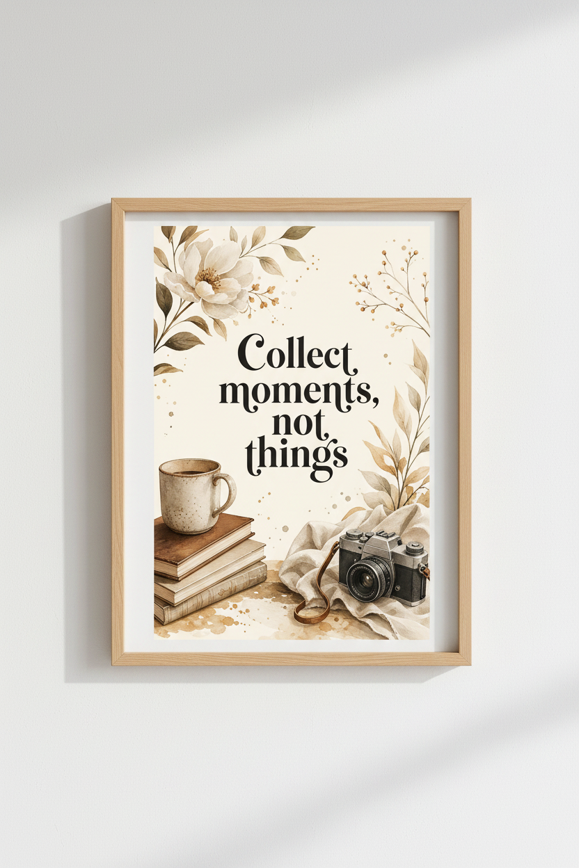 Collect Moments Quote Print | Vintage Camera Floral, Neutral Boho Wall Art
