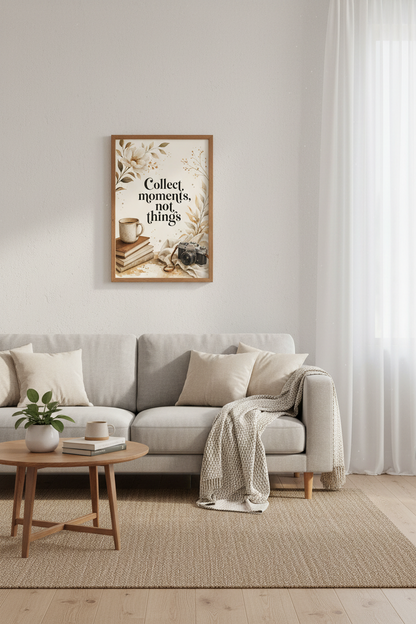 Collect Moments Quote Print | Vintage Camera Floral, Neutral Boho Wall Art