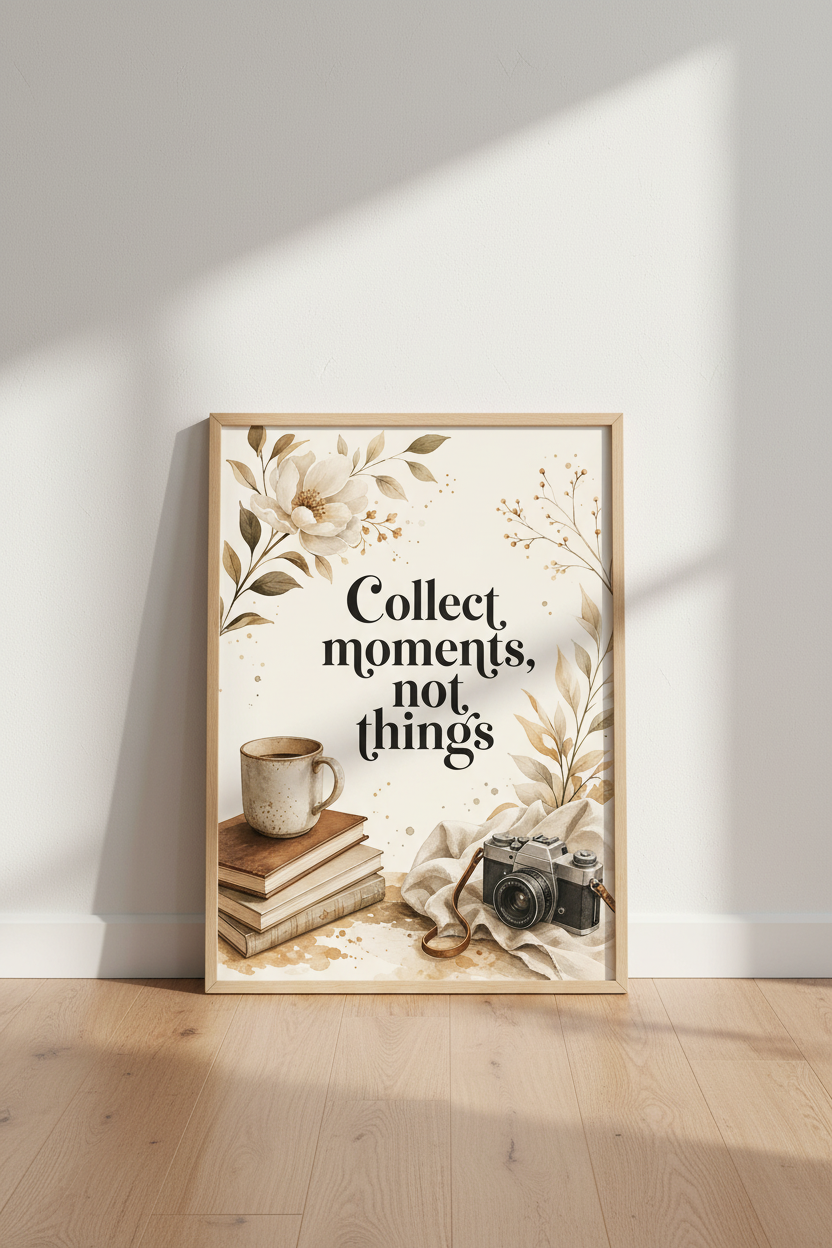 Collect Moments Quote Print | Vintage Camera Floral, Neutral Boho Wall Art