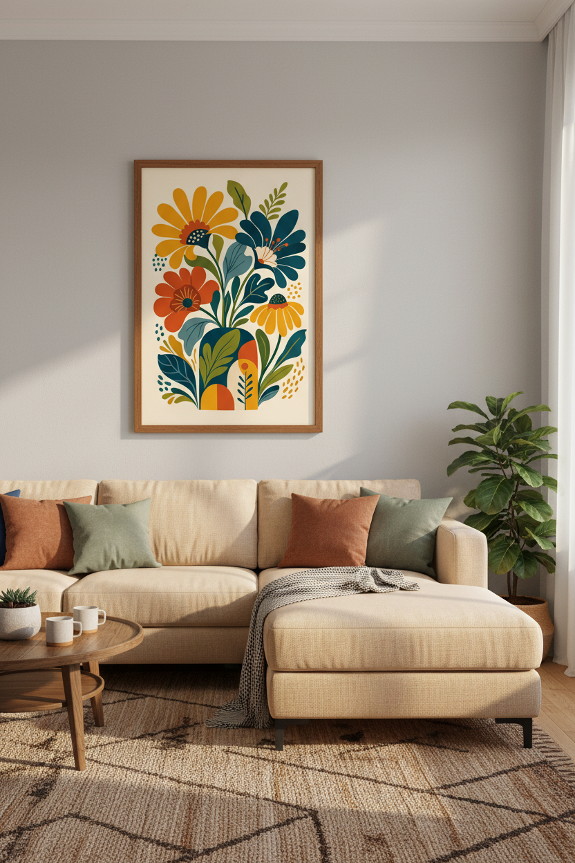 Mid Century Modern Floral Wall Art | Retro Botanical Print, Boho Living Room Decor