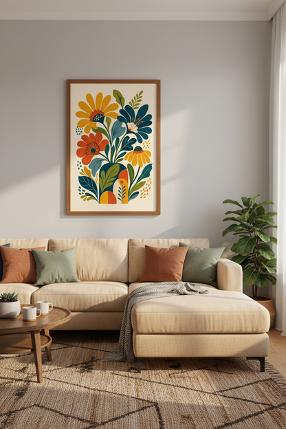 Mid Century Modern Floral Wall Art | Retro Botanical Print, Boho Living Room Decor