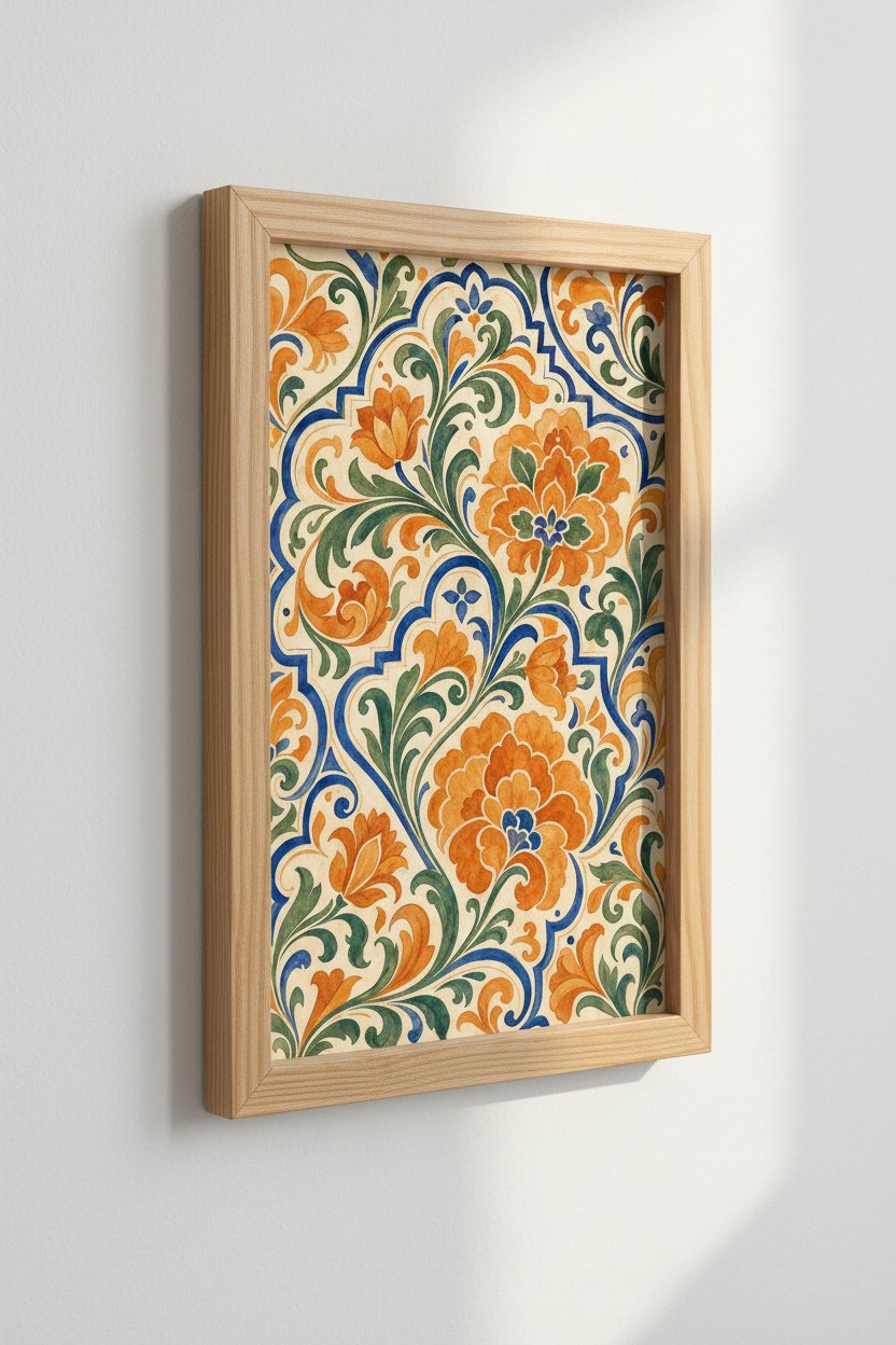 Vintage Floral Tile Wall Art Print | Orange &amp; Blue Botanical | Mediterranean Poster