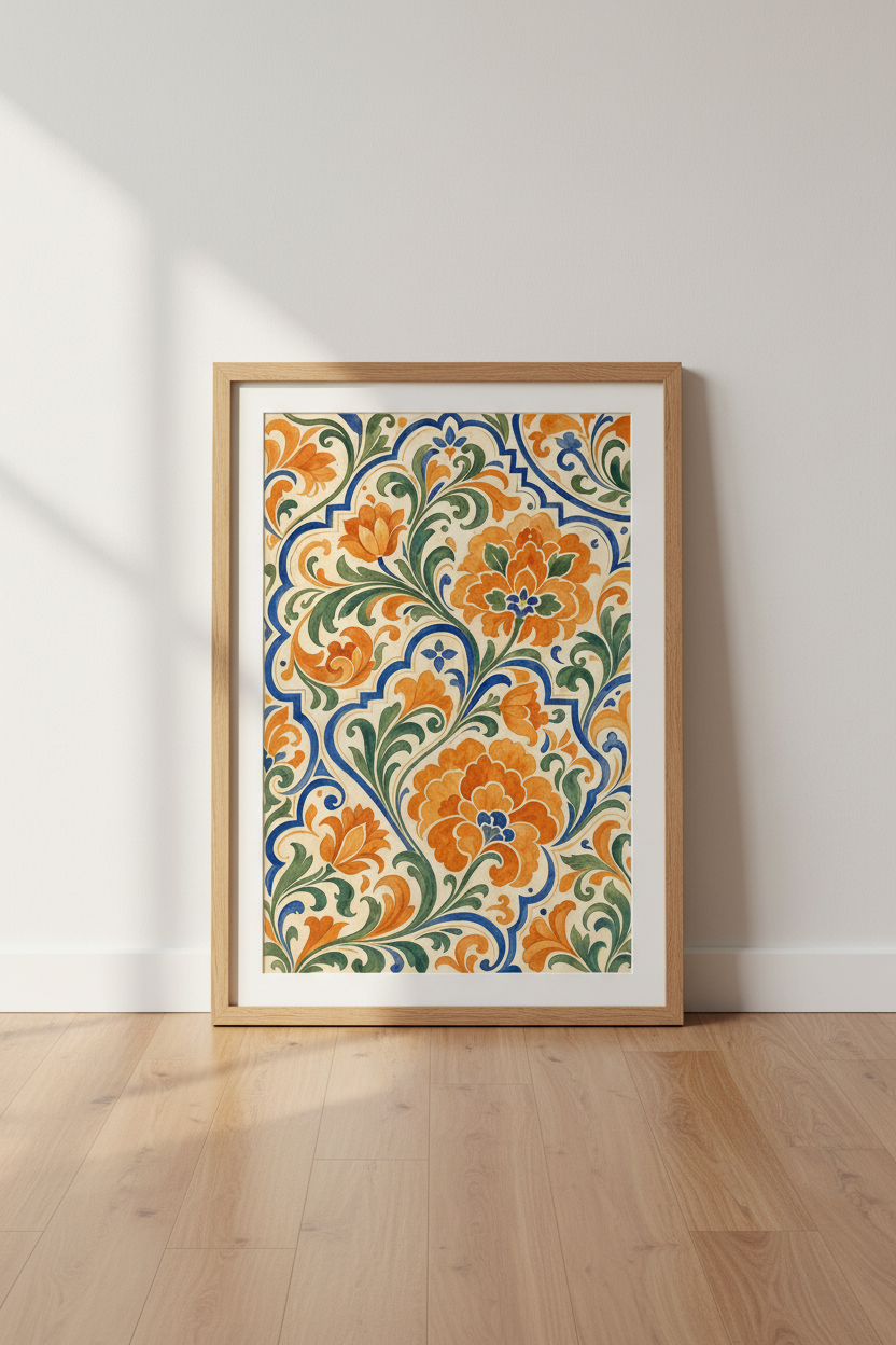 Vintage Floral Tile Wall Art Print | Orange &amp; Blue Botanical | Mediterranean Poster