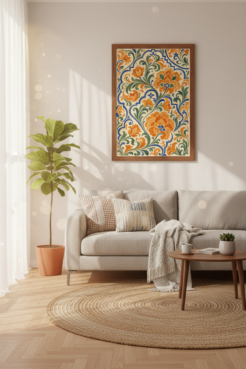 Vintage Floral Tile Wall Art Print | Orange &amp; Blue Botanical | Mediterranean Poster