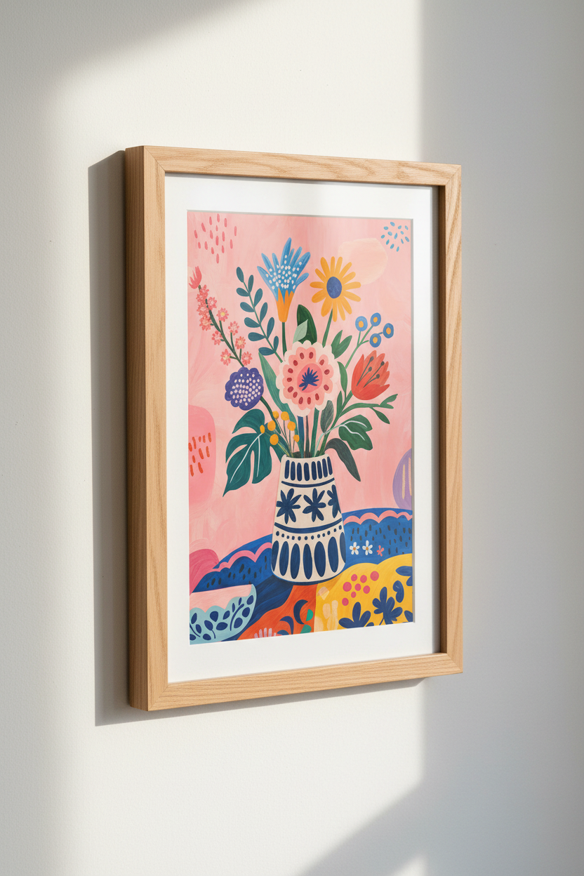 Folk Art Floral Bouquet Print | Colorful Maximalist Decor | Pink Whimsical Poster