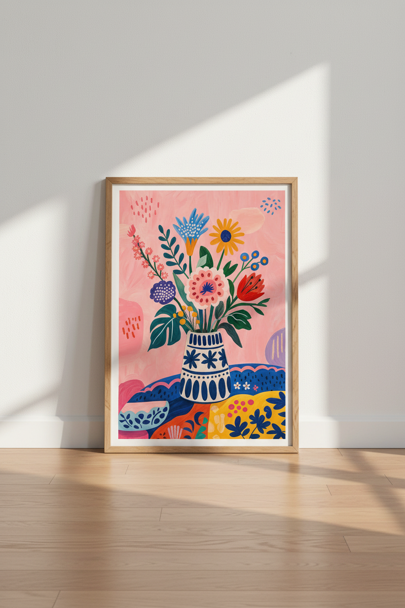 Folk Art Floral Bouquet Print | Colorful Maximalist Decor | Pink Whimsical Poster