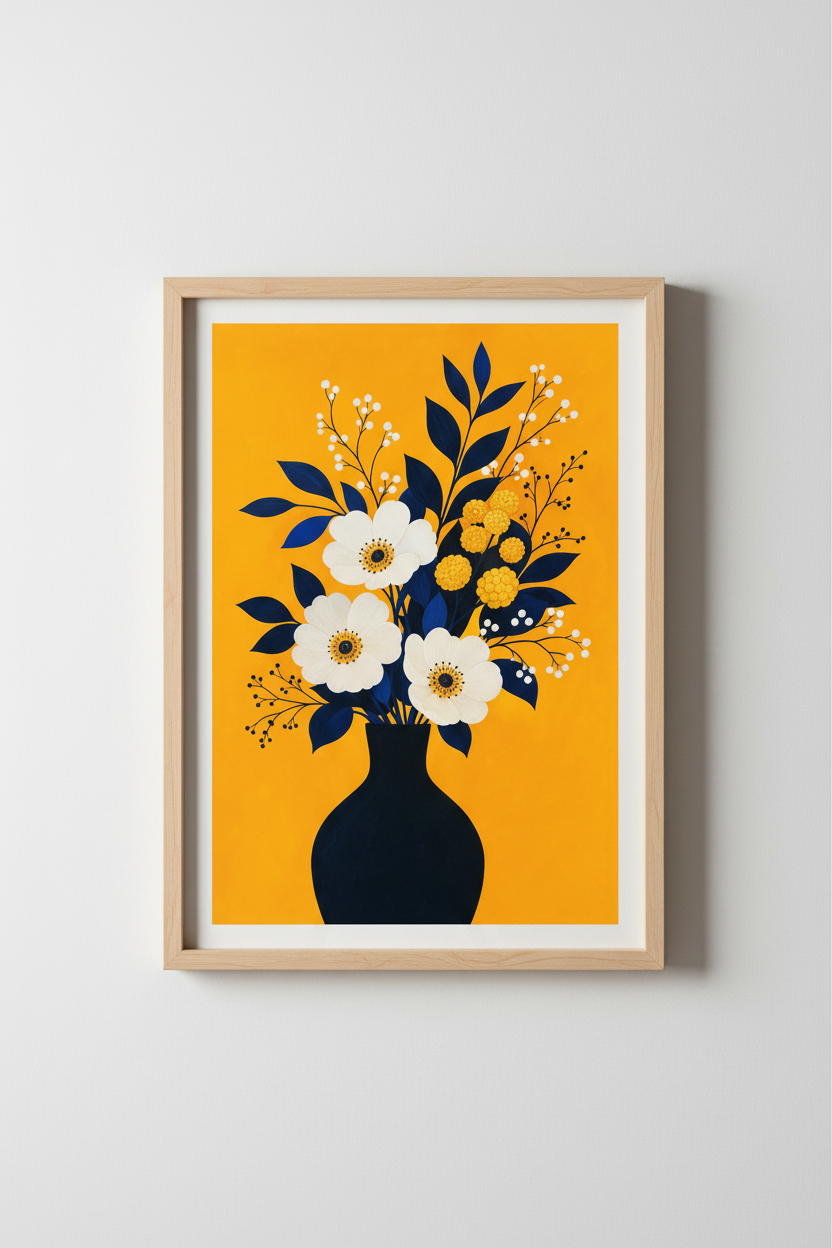 modern floral wall art | Bold orange &amp; navy bouquet, Living Room Decor