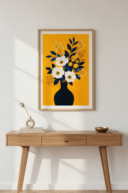 modern floral wall art | Bold orange &amp; navy bouquet, Living Room Decor