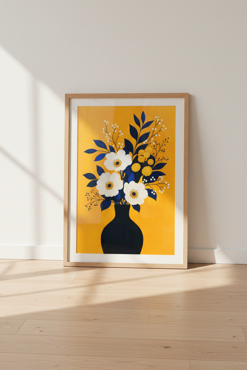 modern floral wall art | Bold orange &amp; navy bouquet, Living Room Decor