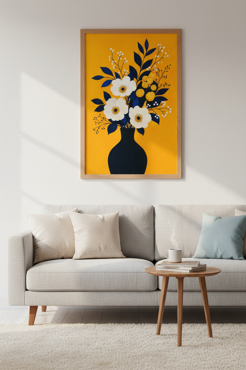modern floral wall art | Bold orange &amp; navy bouquet, Living Room Decor