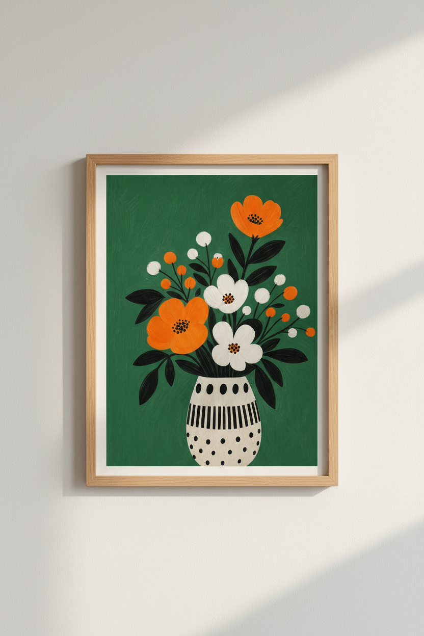 Boho Floral Wall Art | Emerald Vase Bouquet, Modern Color Palette, Living Room Decor