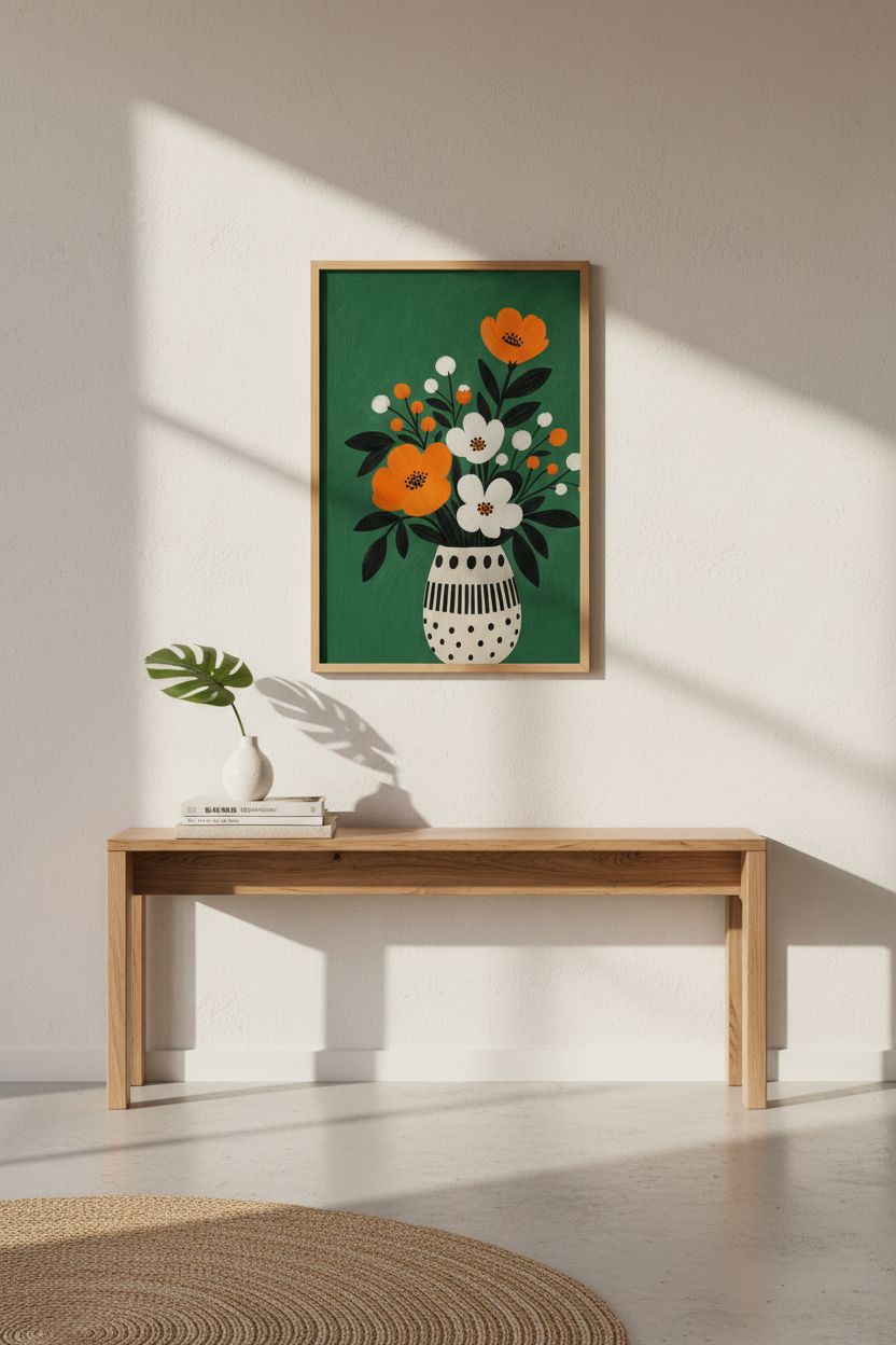 Boho Floral Wall Art | Emerald Vase Bouquet, Modern Color Palette, Living Room Decor