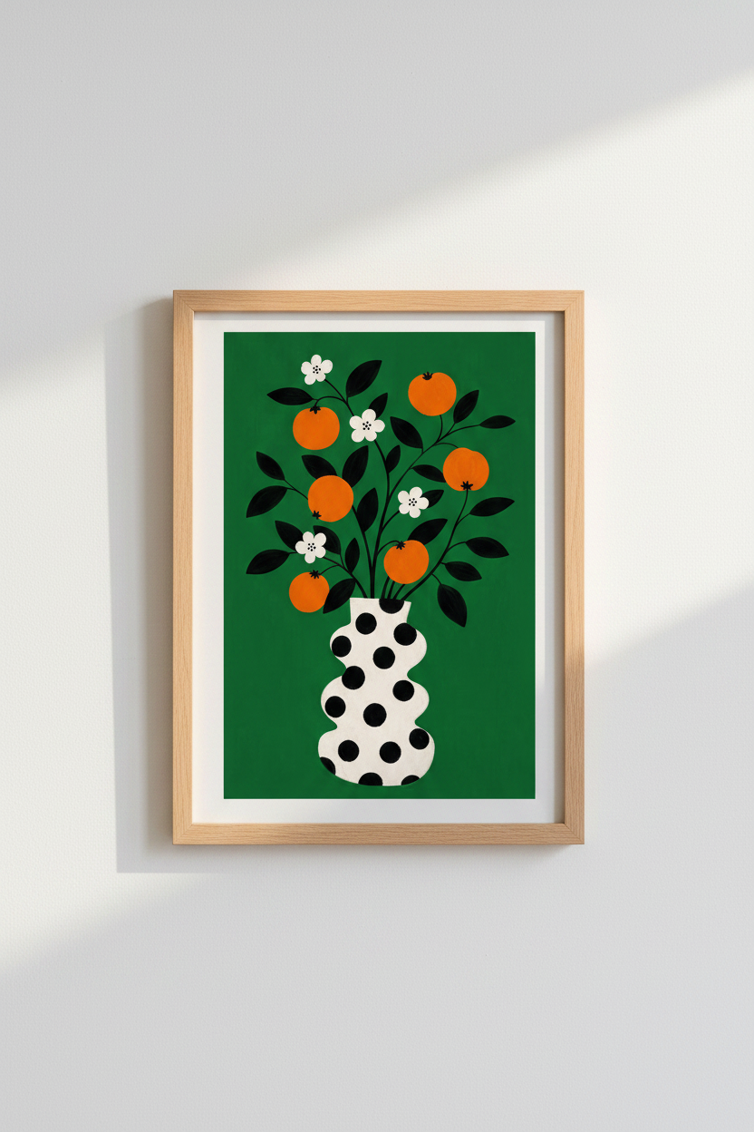 Bold Botanical Print | Green Vase Art, Orange &amp; Black | Living Room Decor