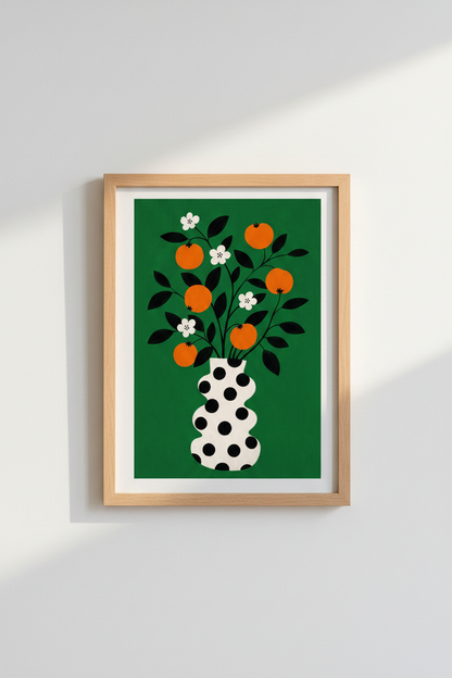 Bold Botanical Print | Green Vase Art, Orange &amp; Black | Living Room Decor