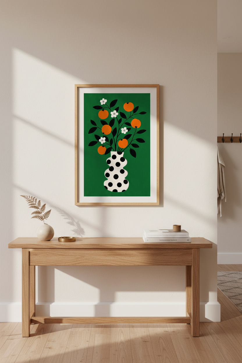 Bold Botanical Print | Green Vase Art, Orange &amp; Black | Living Room Decor