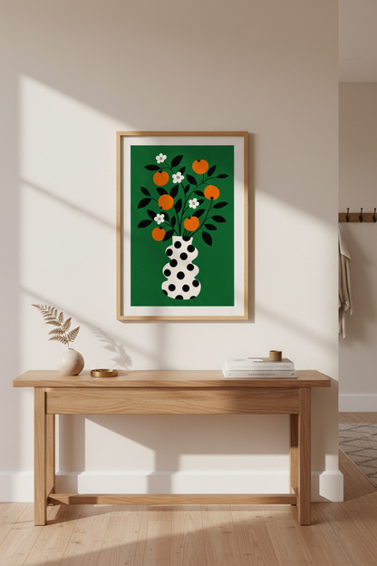 Bold Botanical Print | Green Vase Art, Orange &amp; Black | Living Room Decor