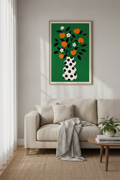 Bold Botanical Print | Green Vase Art, Orange &amp; Black | Living Room Decor