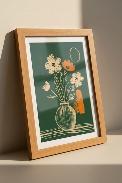 Boho Floral Bouquet Wall Art | Emerald Green Still Life, Living Room Decor