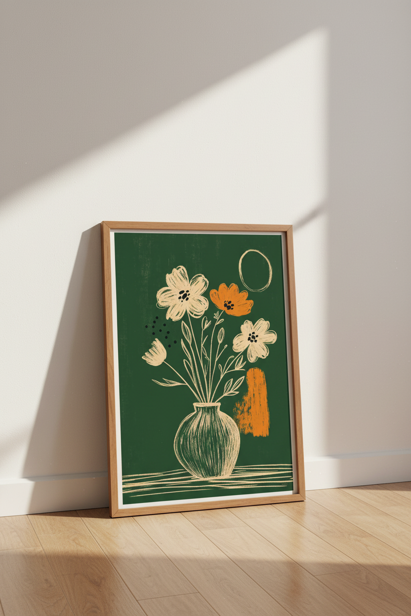 Boho Floral Bouquet Wall Art | Emerald Green Still Life, Living Room Decor
