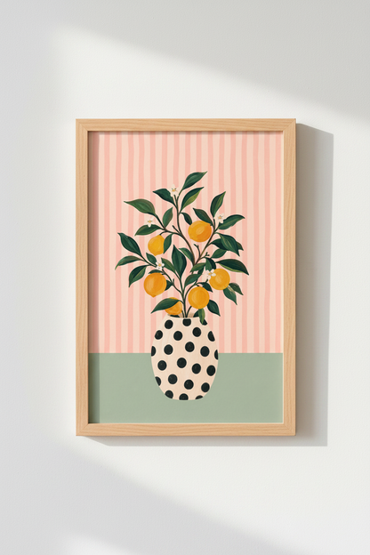 Citrus Fruit Wall Art Print | Pink Striped Lemon Tree Poster, Modern Kitchen Decor
