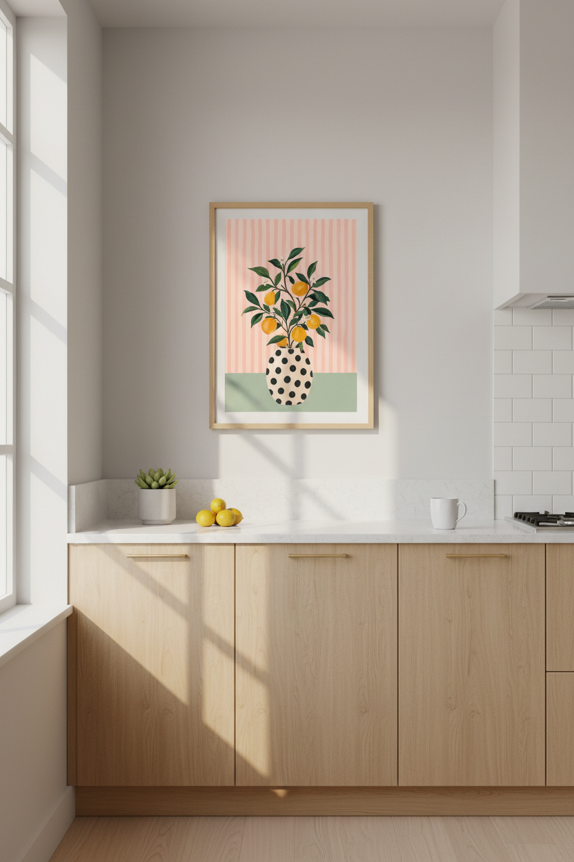 Citrus Fruit Wall Art Print | Pink Striped Lemon Tree Poster, Modern Kitchen Decor