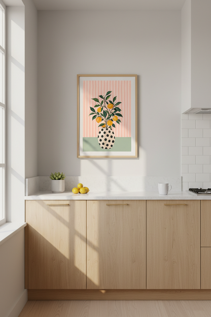 Citrus Fruit Wall Art Print | Pink Striped Lemon Tree Poster, Modern Kitchen Decor