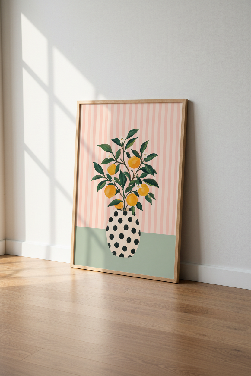 Citrus Fruit Wall Art Print | Pink Striped Lemon Tree Poster, Modern Kitchen Decor