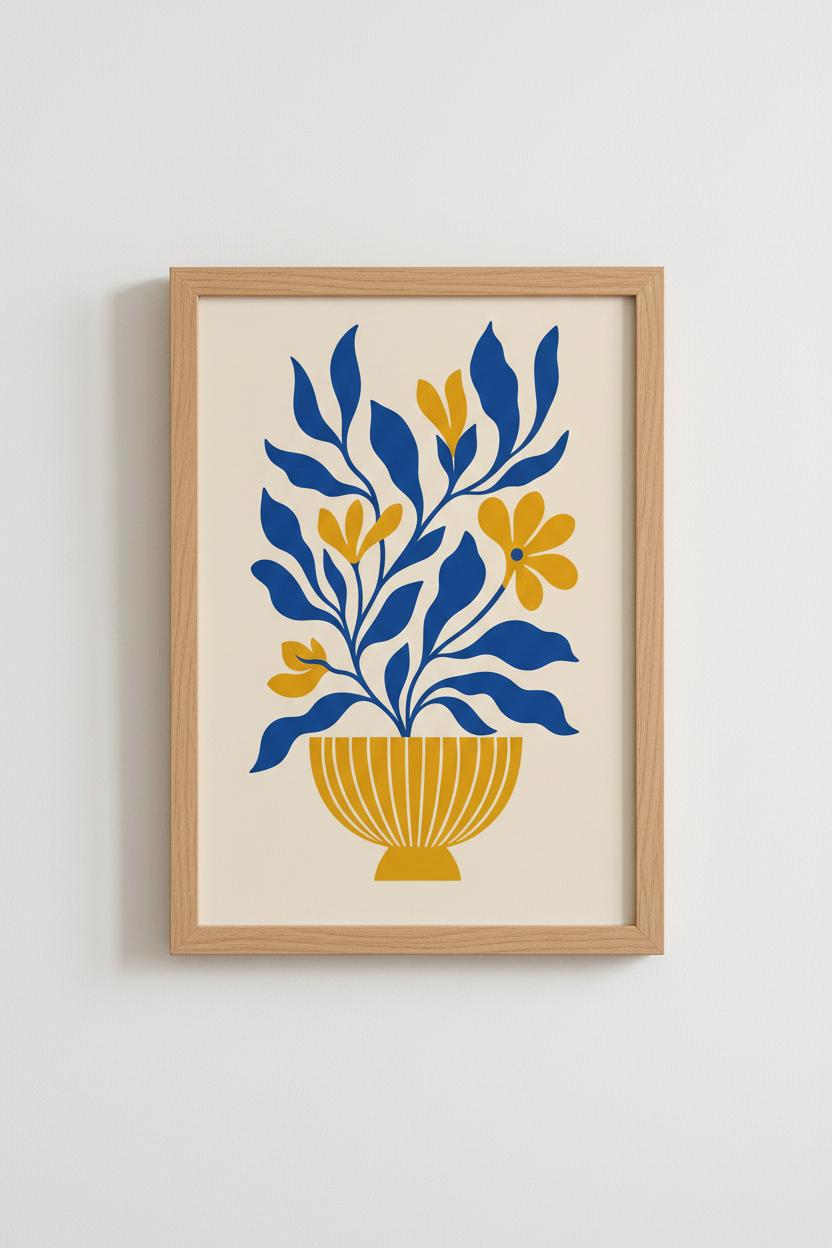 Bold Botanical Art | Abstract Blue Gold Vase Decor | Living Room Poster