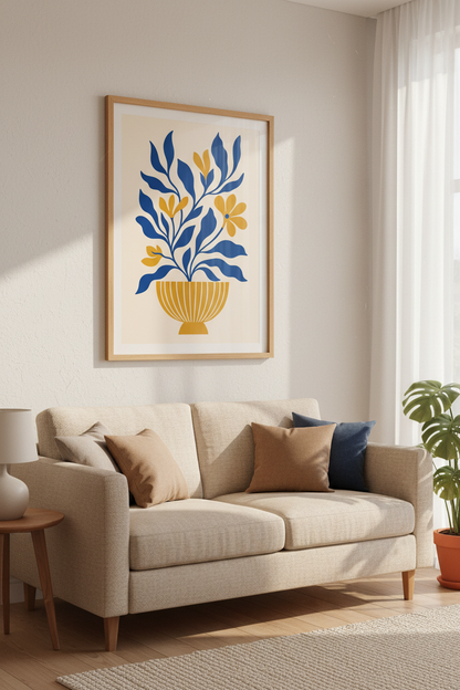 Bold Botanical Art | Abstract Blue Gold Vase Decor | Living Room Poster