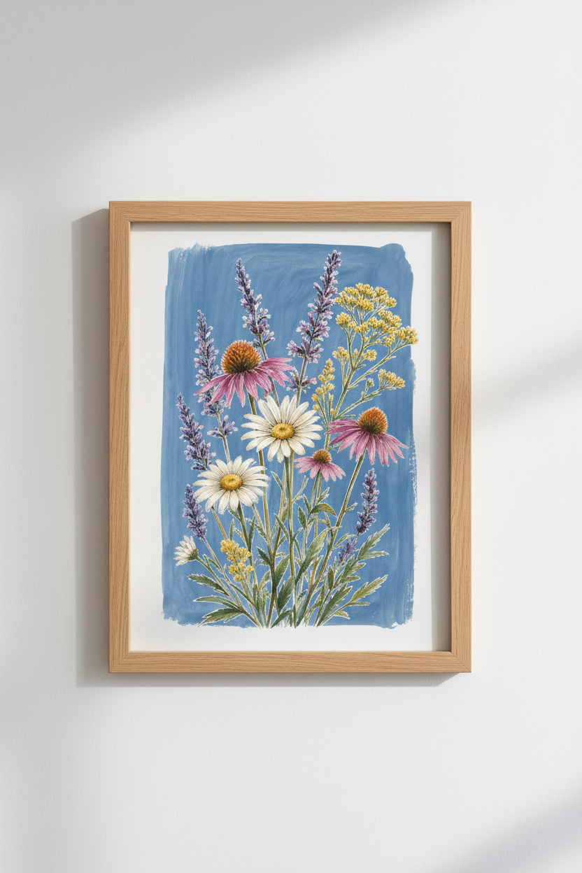 botanical wall art | watercolor florals on blue | living room decor | coastal poster