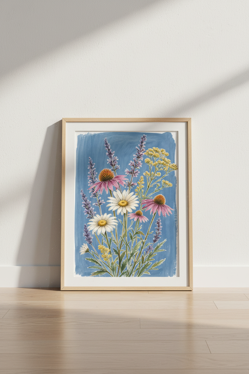 botanical wall art | watercolor florals on blue | living room decor | coastal poster