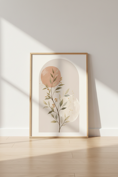 Boho Botanical Arch Wall Art | Neutral Terracotta Leaf Print, Modern Living Room Decor