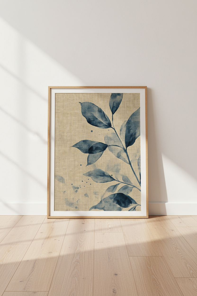 Botanical Wall Art | Blue Linen Texture, Living Room Decor