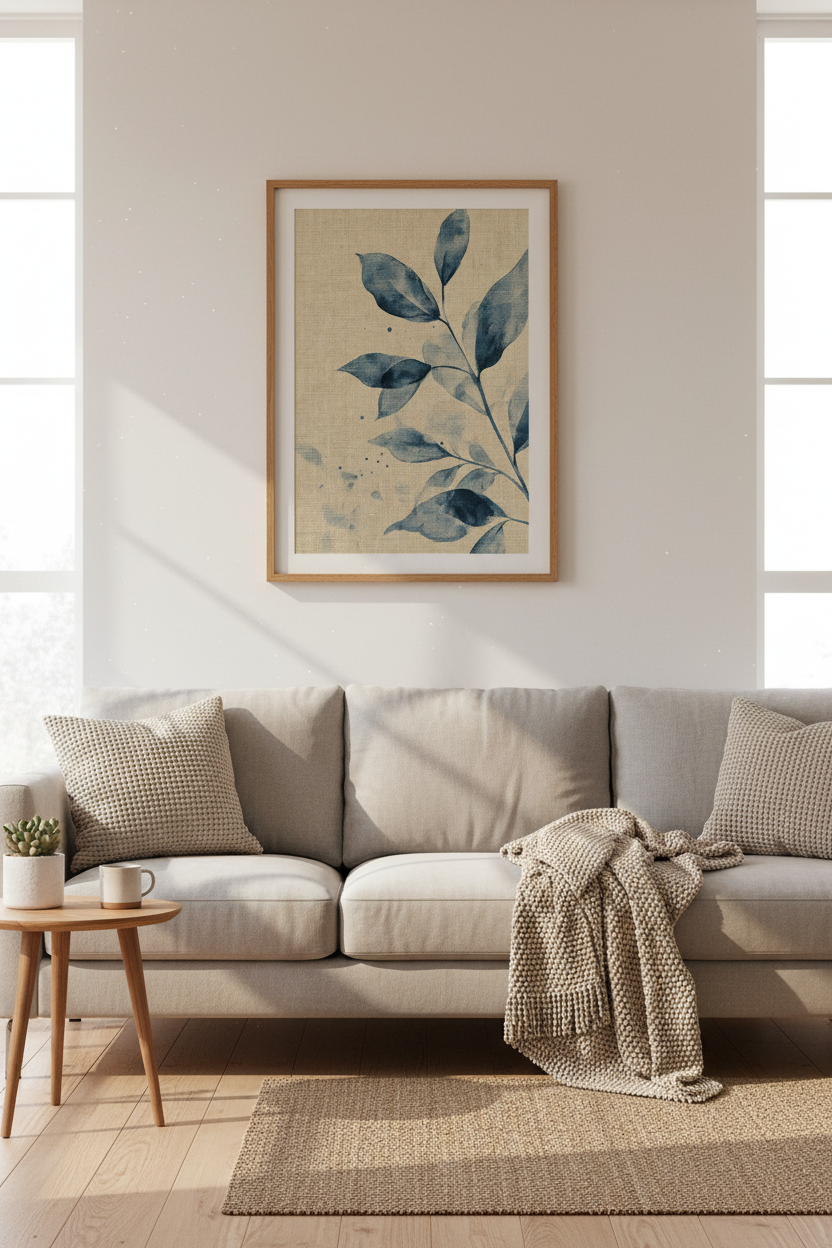 Botanical Wall Art | Blue Linen Texture, Living Room Decor