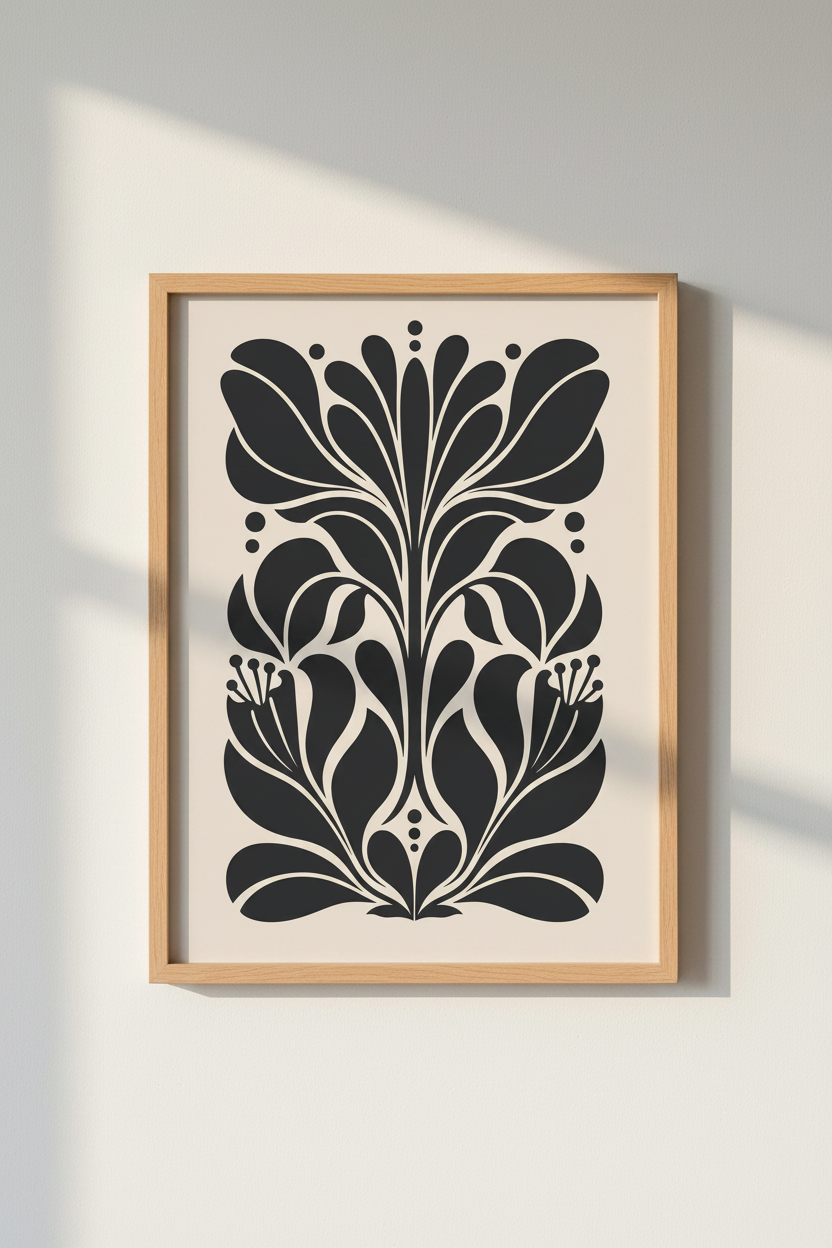 Botanical Poster | Minimalist Black Silhouette on Beige Backdrop | Living Room Decor