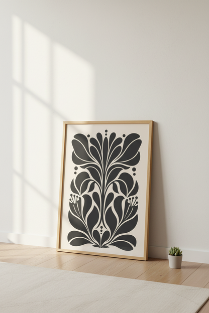 Botanical Poster | Minimalist Black Silhouette on Beige Backdrop | Living Room Decor