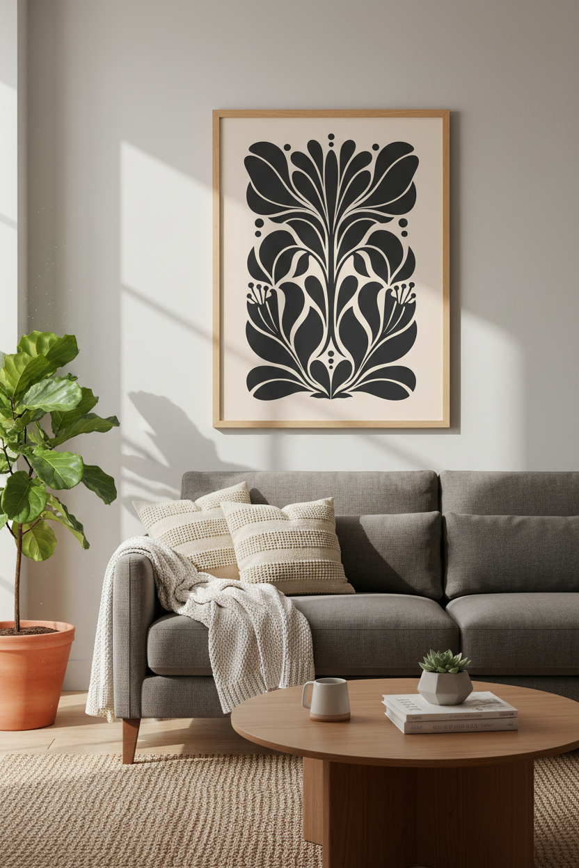 Botanical Poster | Minimalist Black Silhouette on Beige Backdrop | Living Room Decor