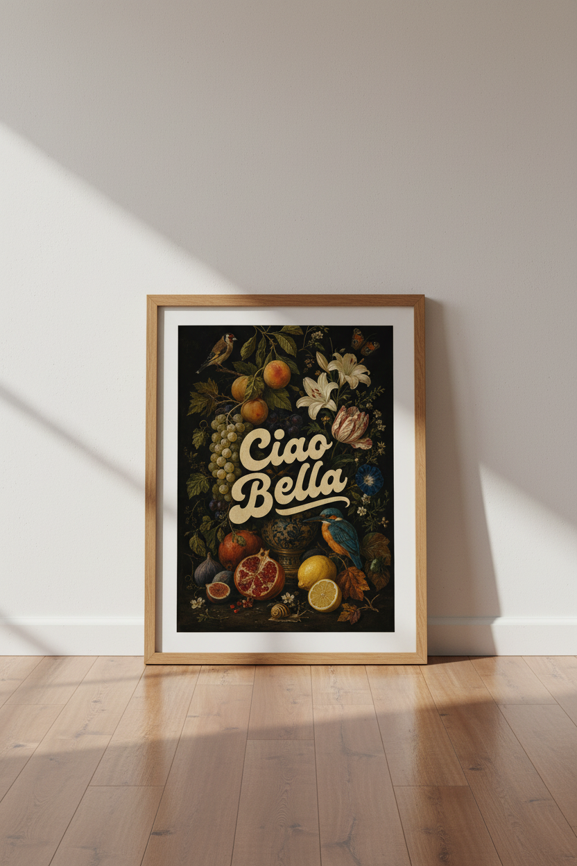 Ciao Bella Wall Art | Moody Floral Fruit Still Life Poster | Dark Academia Kitchen Decor