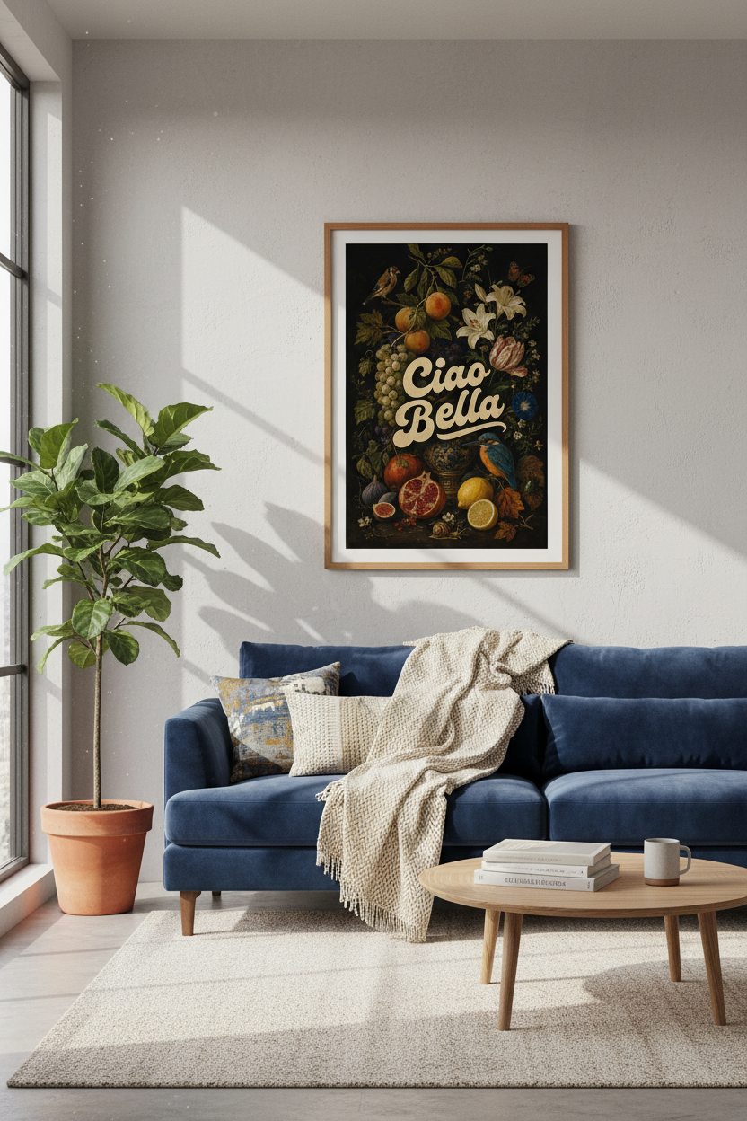 Ciao Bella Wall Art | Moody Floral Fruit Still Life Poster | Dark Academia Kitchen Decor
