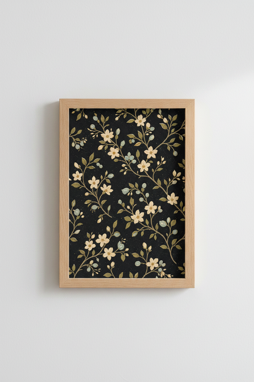 Vintage Floral Print | Moody Cream Florals, Black Backdrop | Living Room Decor