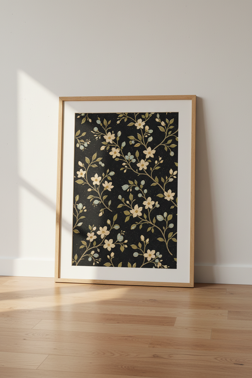 Vintage Floral Print | Moody Cream Florals, Black Backdrop | Living Room Decor