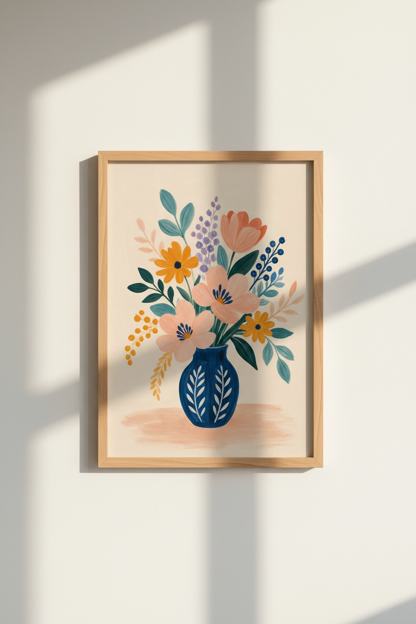 Blue Vase Floral Art Print | Folk Style Flower Poster | Colorful Botanical Decor