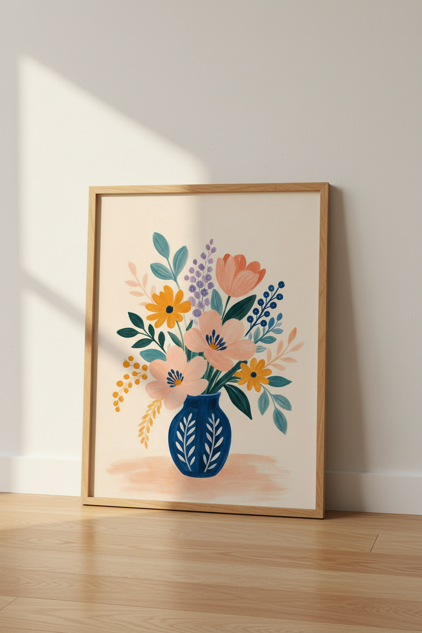 Blue Vase Floral Art Print | Folk Style Flower Poster | Colorful Botanical Decor