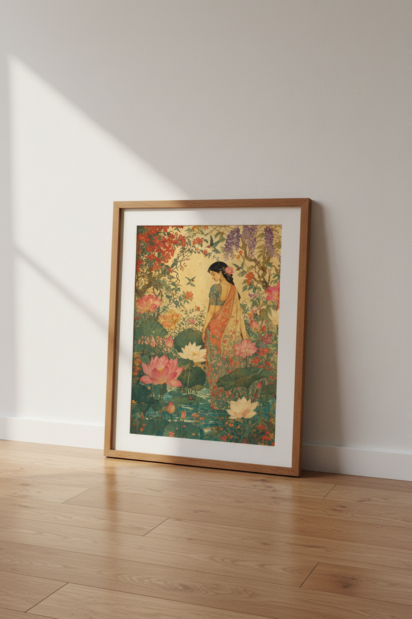 Indian Folk Art Woman | Vintage Lotus Garden Print, South Asian Bedroom Wall Art