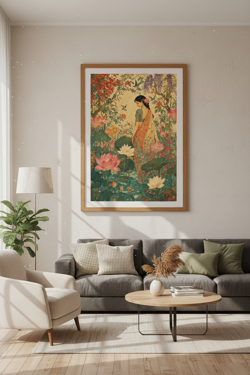 Indian Folk Art Woman | Vintage Lotus Garden Print, South Asian Bedroom Wall Art
